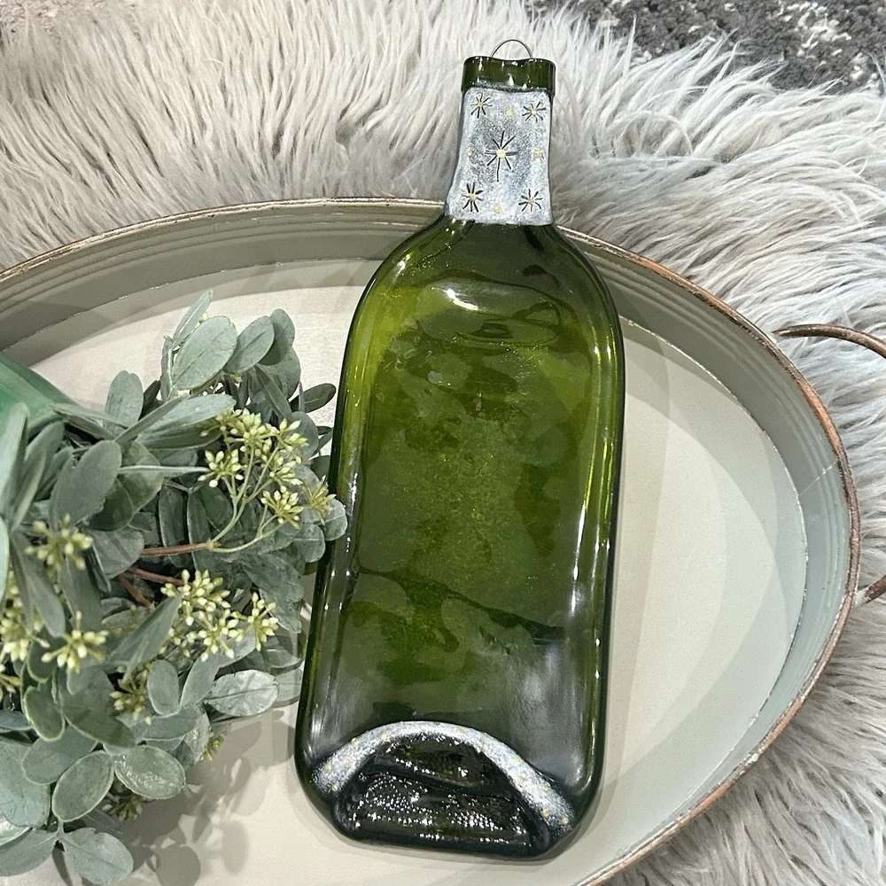Flattened Green Glass Wine Bottle Spoon Rest Window Wall Decor Art Glass 12